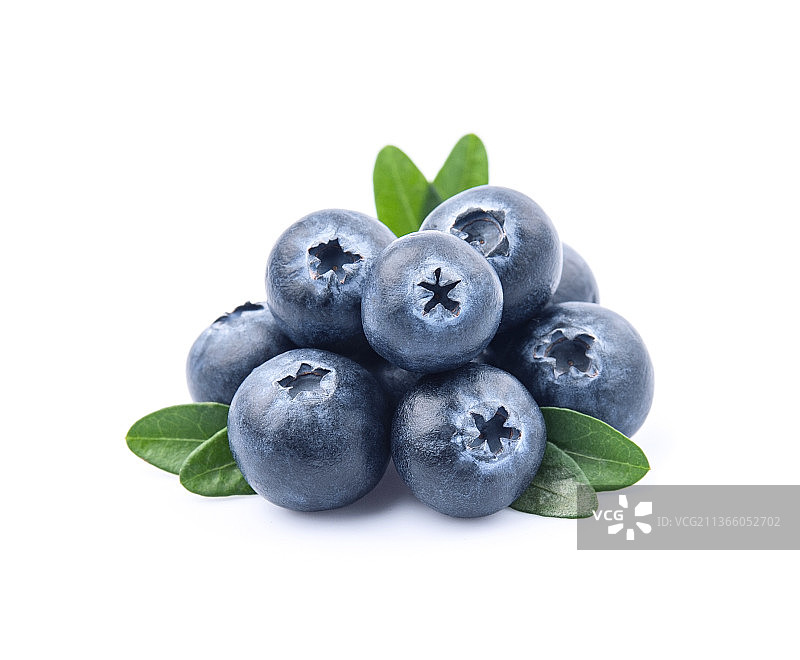 带叶子的甜蓝莓，白色背景蓝莓特写图片素材