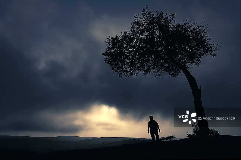 阿曼自然风光：男子剪影，站在田野上，背景是天空，塞拉莱，阿曼图片素材
