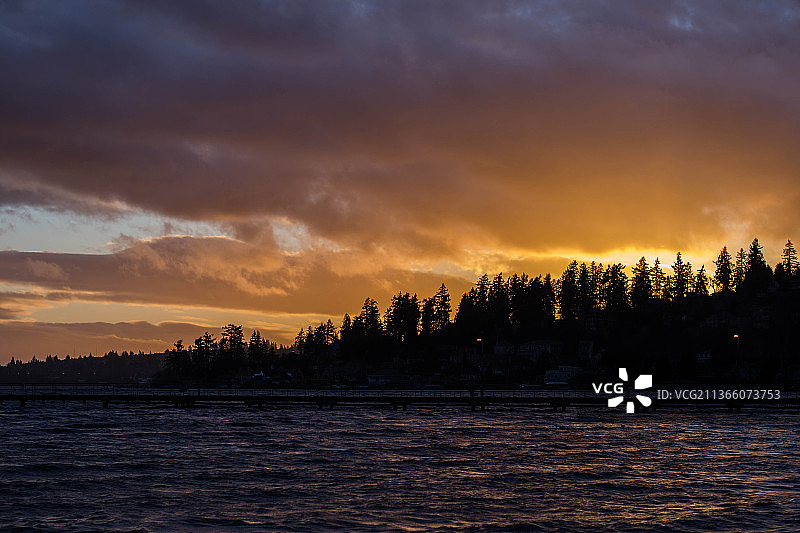 美国华盛顿州柯克兰日落，胡安妮塔海滩公园的湖景图片素材
