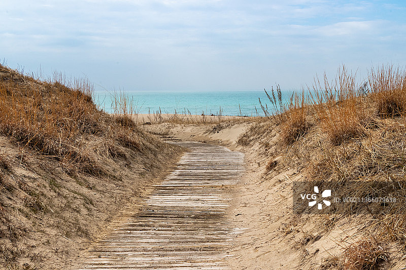 穿过沙丘通往水的木制步道，索布尔海滩，加拿大图片素材