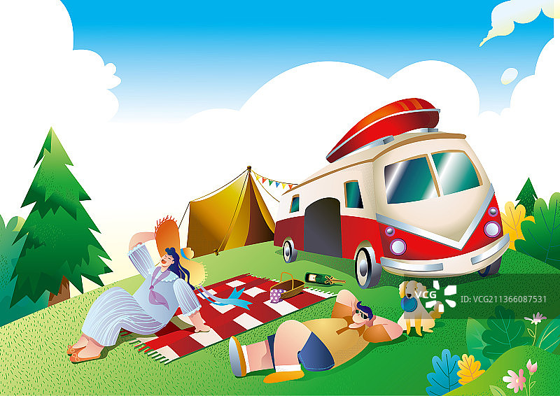 大自然中开旅行房车露营野餐的男孩女孩图片素材