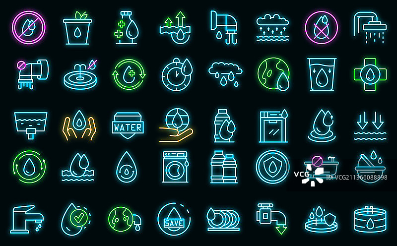 节约用水霓虹灯图标合集图片素材