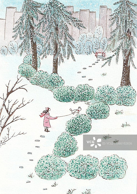 手绘水彩冬天公园雪景插画图片素材