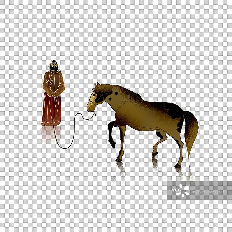 中式人物插画牵马元素图片素材