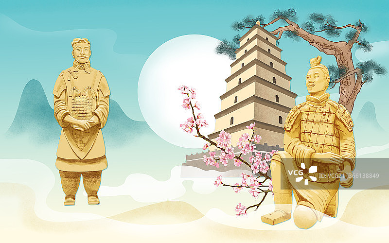 西安秦始皇兵马俑大雁塔松树春花图图片素材