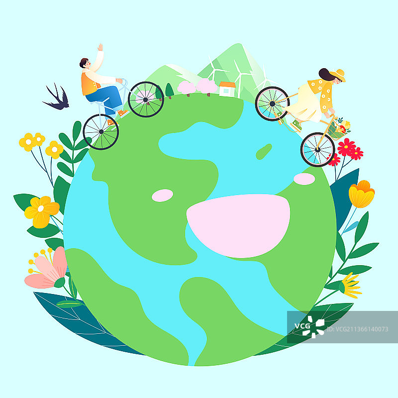人们快乐骑车绿色地球环保矢量插画图片素材