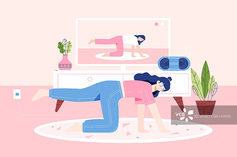 卡通夏季夏天夏日美女电商促销居家减肥降脂瘦身运动课程计划跟拍同步瑜伽普拉提有氧运动活动渐变矢量插画图片素材