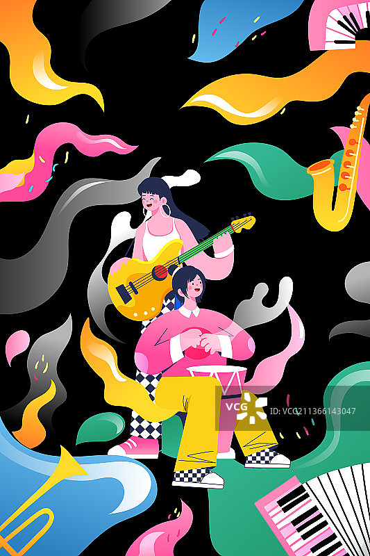 卡通跳舞唱歌兴趣爱好音乐节演出演唱会吉他鼓手乐团社团招新青年培训班电商娱乐消费优惠促销渐变矢量插画图片素材