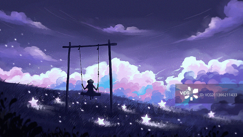 唯美治愈星星坠落荡秋千的女孩绘画插图图片素材