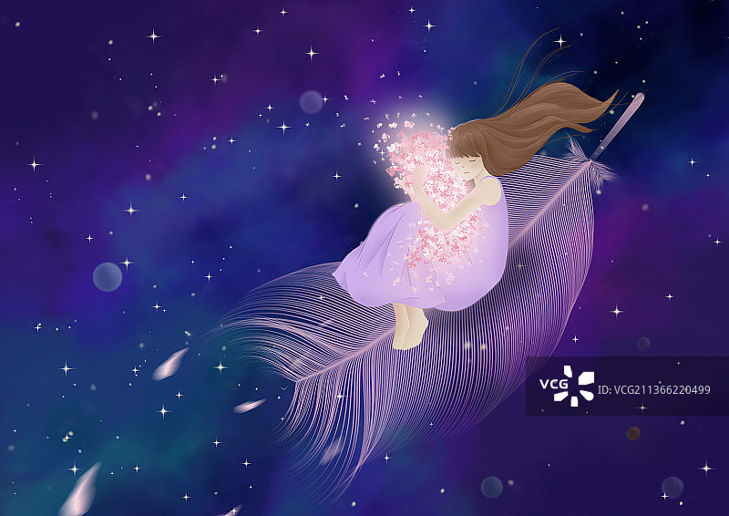 星空银河抱着花团的女孩图片素材