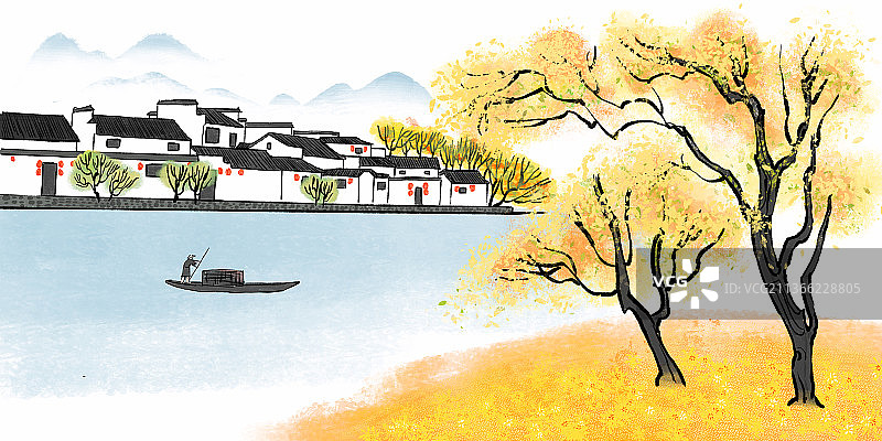 田园风光江南水乡渔船油菜花图片素材