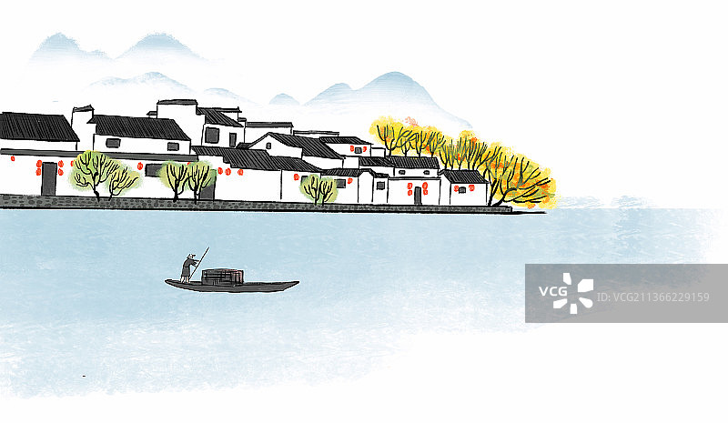 江南水乡夏天渔民划船打鱼图片素材