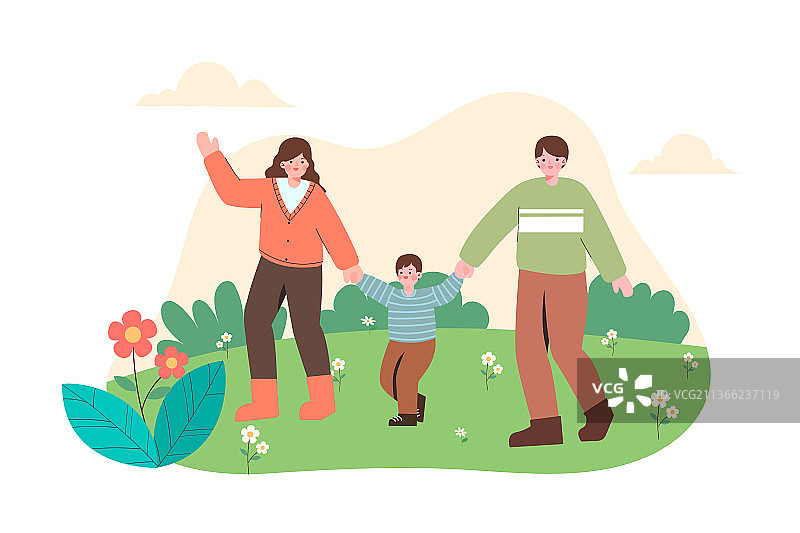 春天一家三口户外游玩矢量插画图片素材