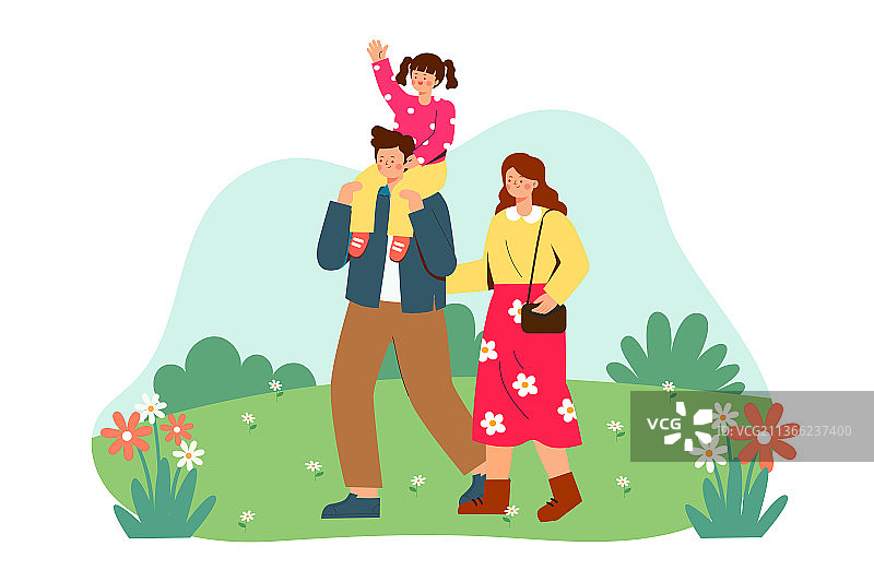 一家三口户外游玩矢量插画图片素材