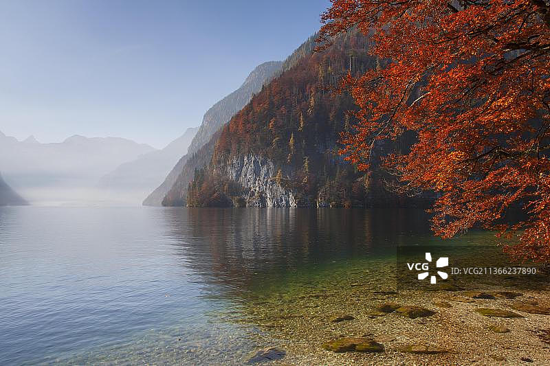 阿尔卑斯山贝希特斯加登国家公园：从画家角观秋季柯尼希斯湖图片素材