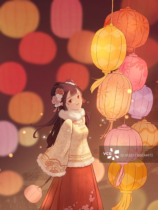 元宵节看花灯的汉服少女图片素材
