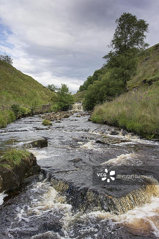 河流与瀑布景色，英国坎布里亚郡Rawthey河图片素材