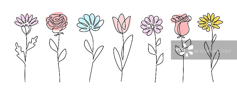 花卉植物集合连续线条画图片素材