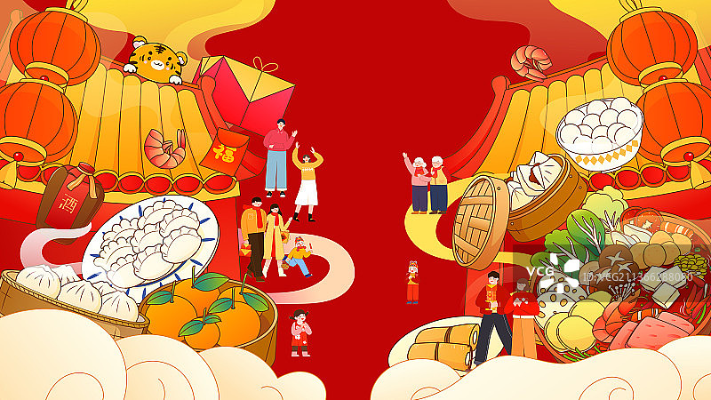 美食建筑人物庆祝新年春节矢量插画背景横图图片素材