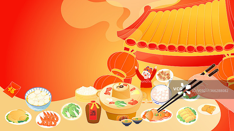 中国传统食物和建筑春节主题矢量插画背景图片素材
