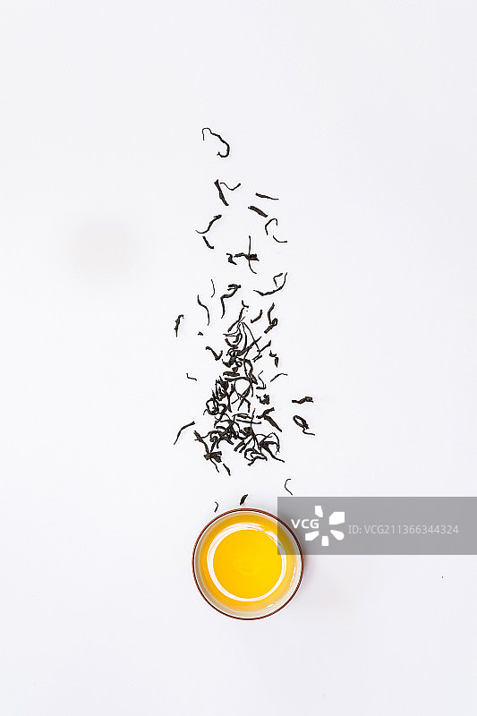 白背景拍摄的茶叶，茶杯，茶水，红茶图片素材