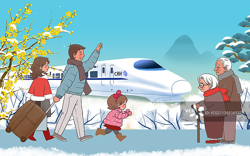 春运春节高铁回家过年全家福图片素材