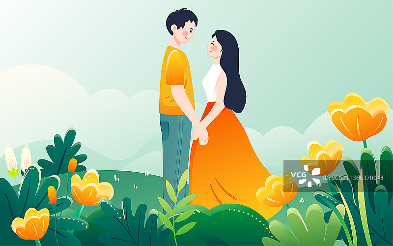 情人节浪漫情人插画春天人物踏青活动海报图片素材