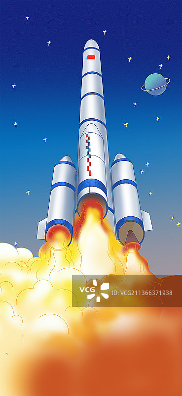 中国现代航空航天火箭发射神舟飞船空间站卫星发射夜空插画图片素材