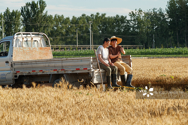 坐在车上使用手机的农民图片素材