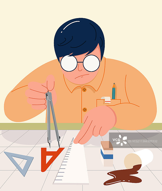扁平风男人学习强迫症患者专注力绘图工程师工作插画图片素材