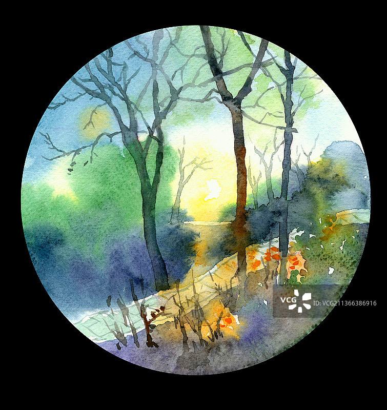 一组圆形构图水彩风景插画图片素材