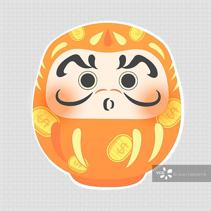 带有koban硬币的橙色达摩娃娃图片素材