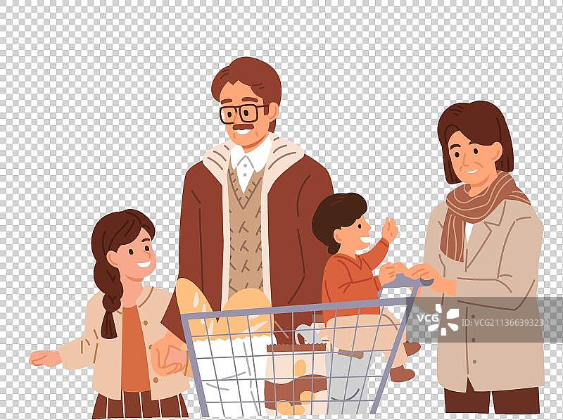 一对中年夫妇带着两个孩子去杂货店购物图片素材
