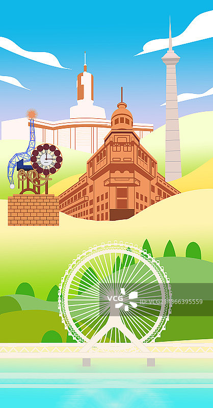 中国直辖市天津城市地标建筑旅游都市天津之眼风景摩天轮插画图片素材