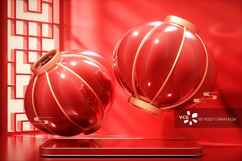 3D渲染的红色中国风场景图片素材