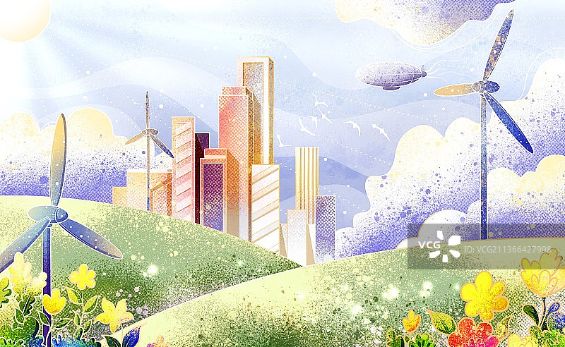 绿色城市风力发电插画图片素材