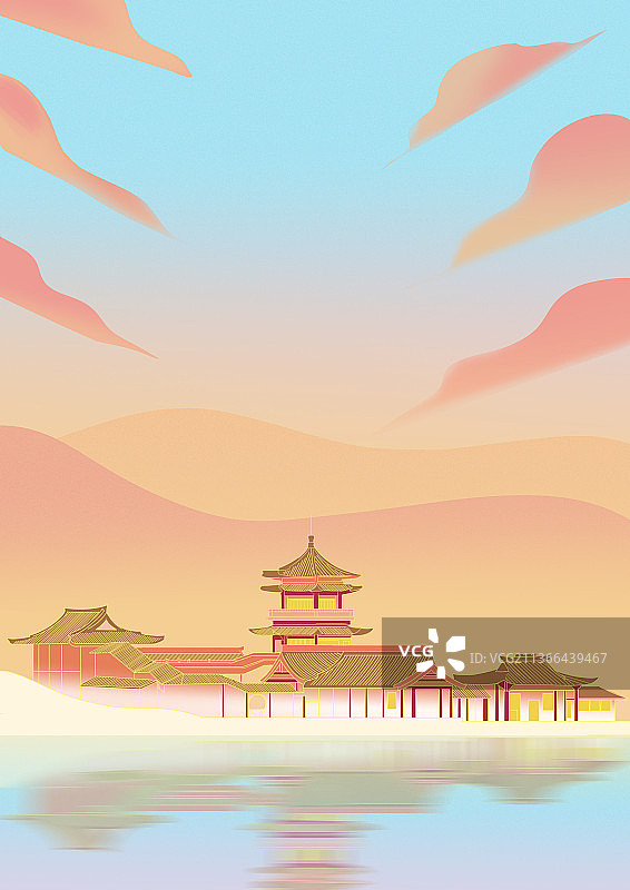 中国风新中式古风古典西北世界文化遗产敦煌莫高窟月牙泉风景插画图片素材