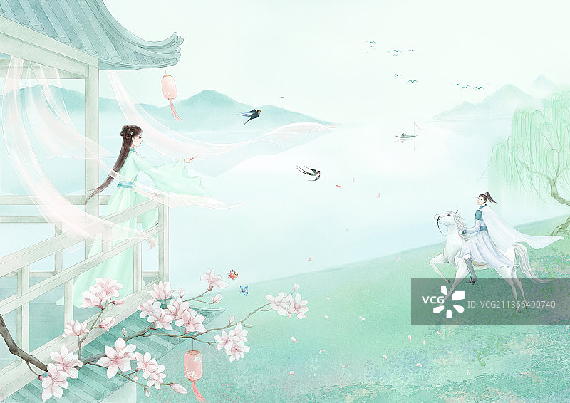 唯美古风手绘江畔相约的情侣图片素材