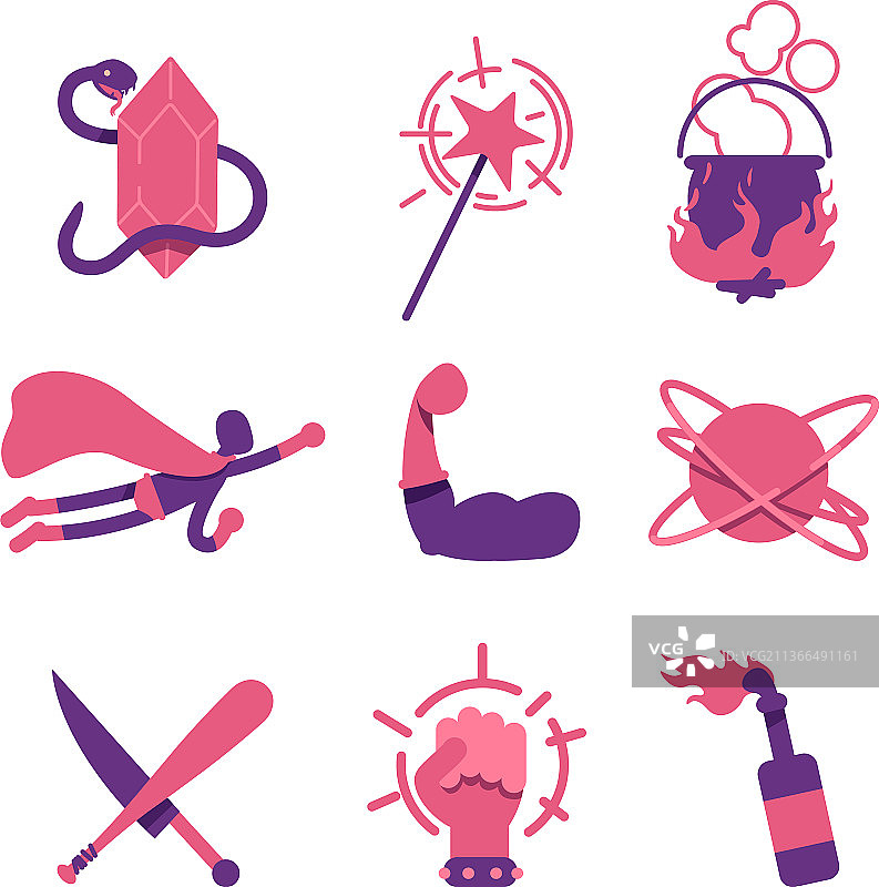 幻想和漫画扁平风格的彩色物体合集图片素材