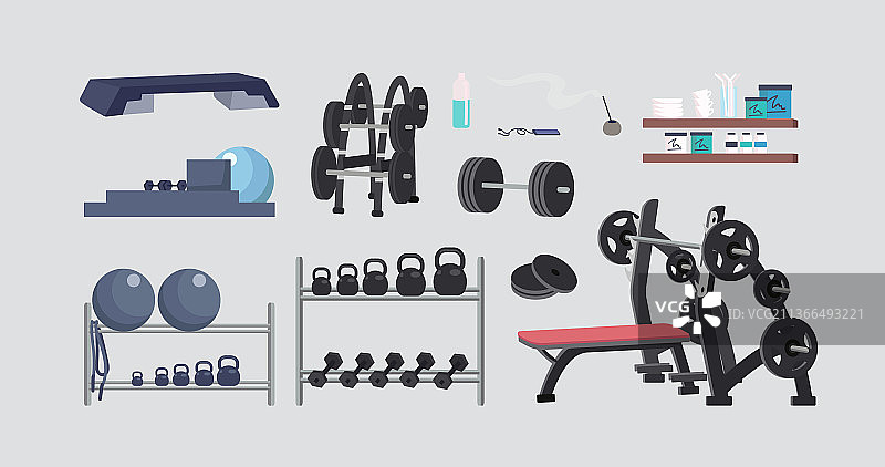 健身器材扁平彩色对象集合图片素材