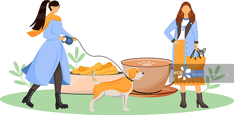 咖啡馆里的女狗主人扁平概念图图片素材