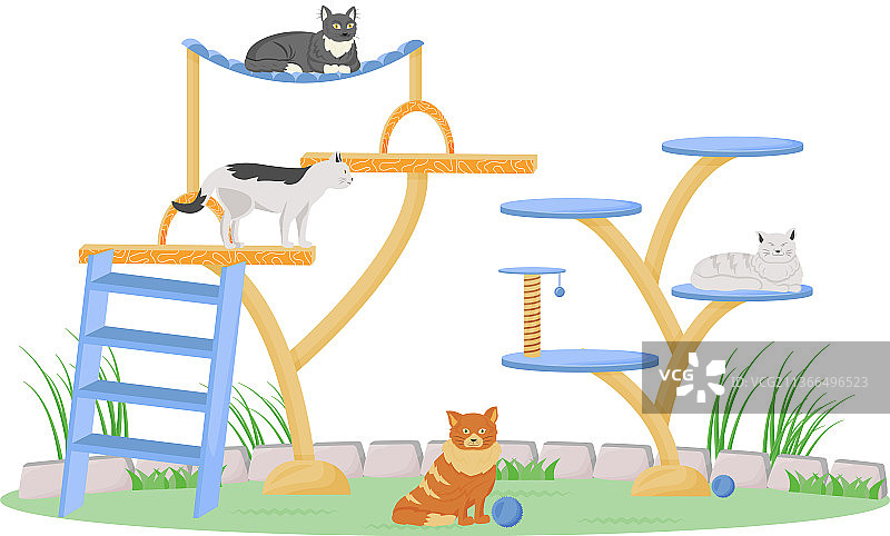 猫在游戏塔上玩耍扁平风格角色图片素材