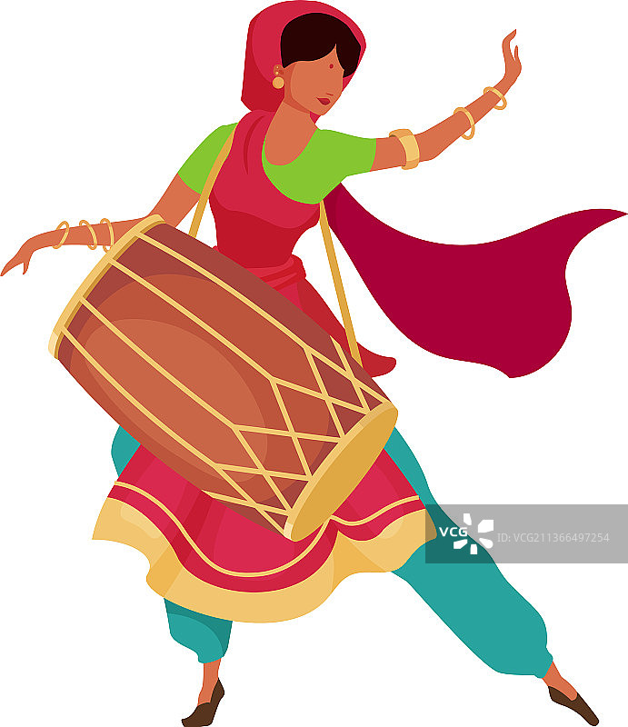 拿着鼓的印度女人（扁平风格，无面部特征）图片素材