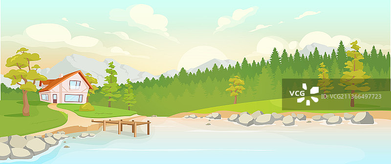 河边扁平风格的乡村房屋图片素材