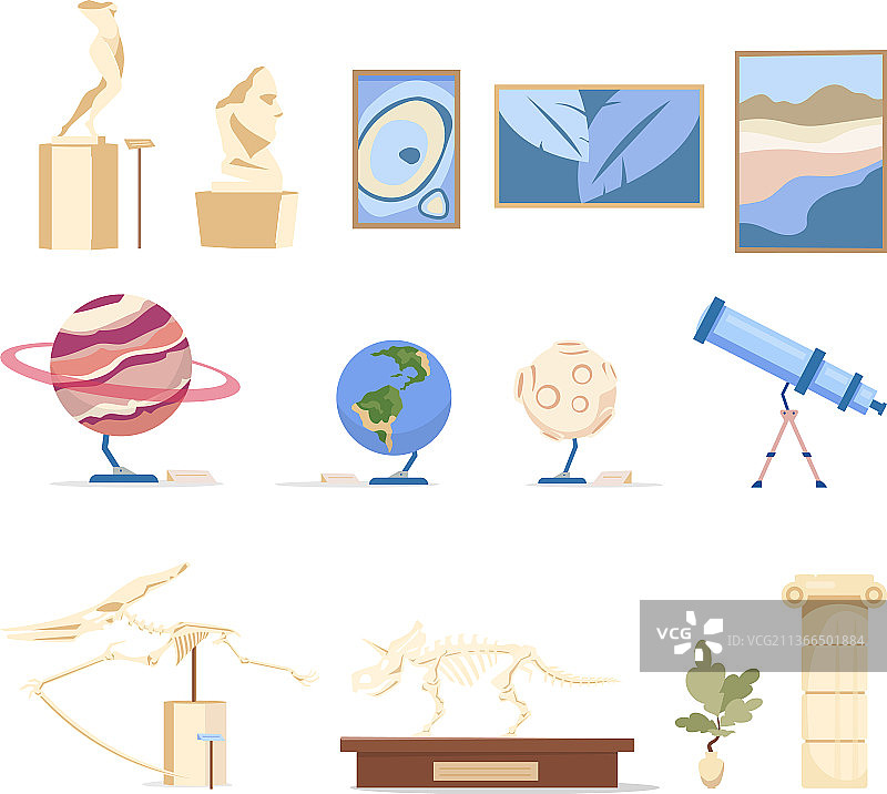 博物馆展品扁平彩色物体合集图片素材