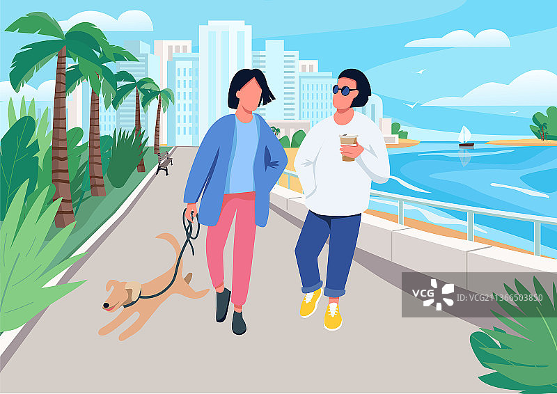 情侣带着狗在海滨散步（扁平风格）图片素材