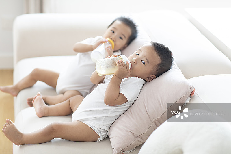 可爱的龙凤胎宝宝喝奶图片素材