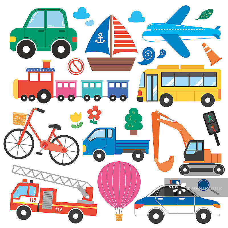 彩色儿童交通工具贴纸套装图片素材