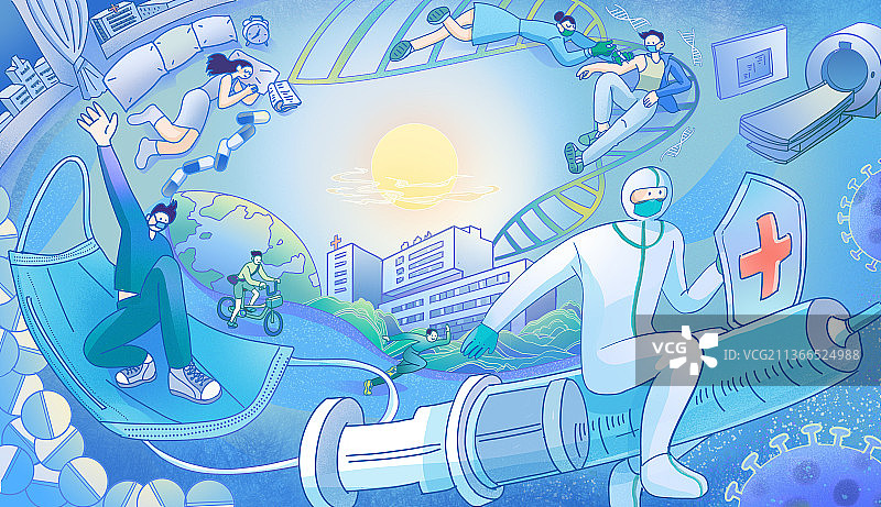 蓝色医疗健康药品插画图片素材