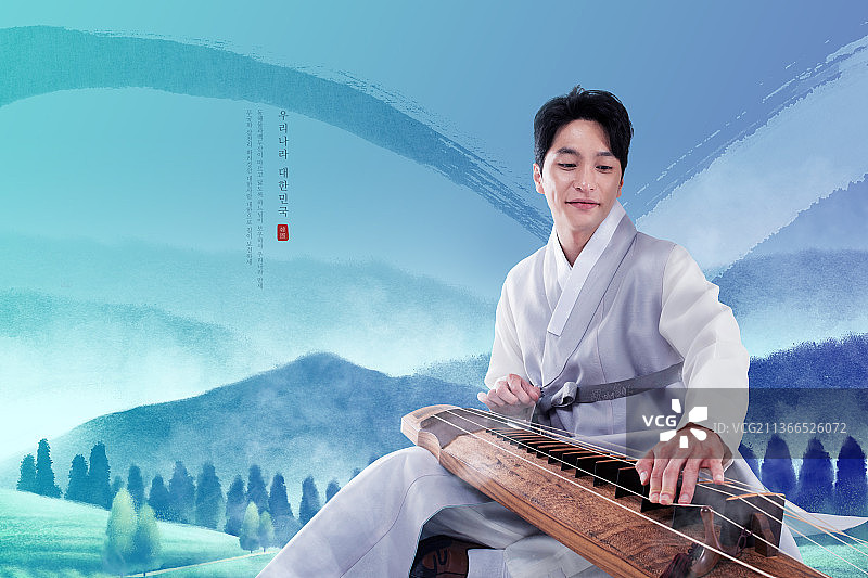 绚丽多彩的韩国新年海报，韩国模特身穿韩服演奏七弦琴图片素材